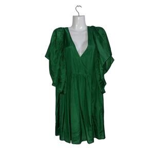 Munthe Distant Green Dress 100% Silk Short Size 36 (4) Bat Sleeves Flowy Artsy